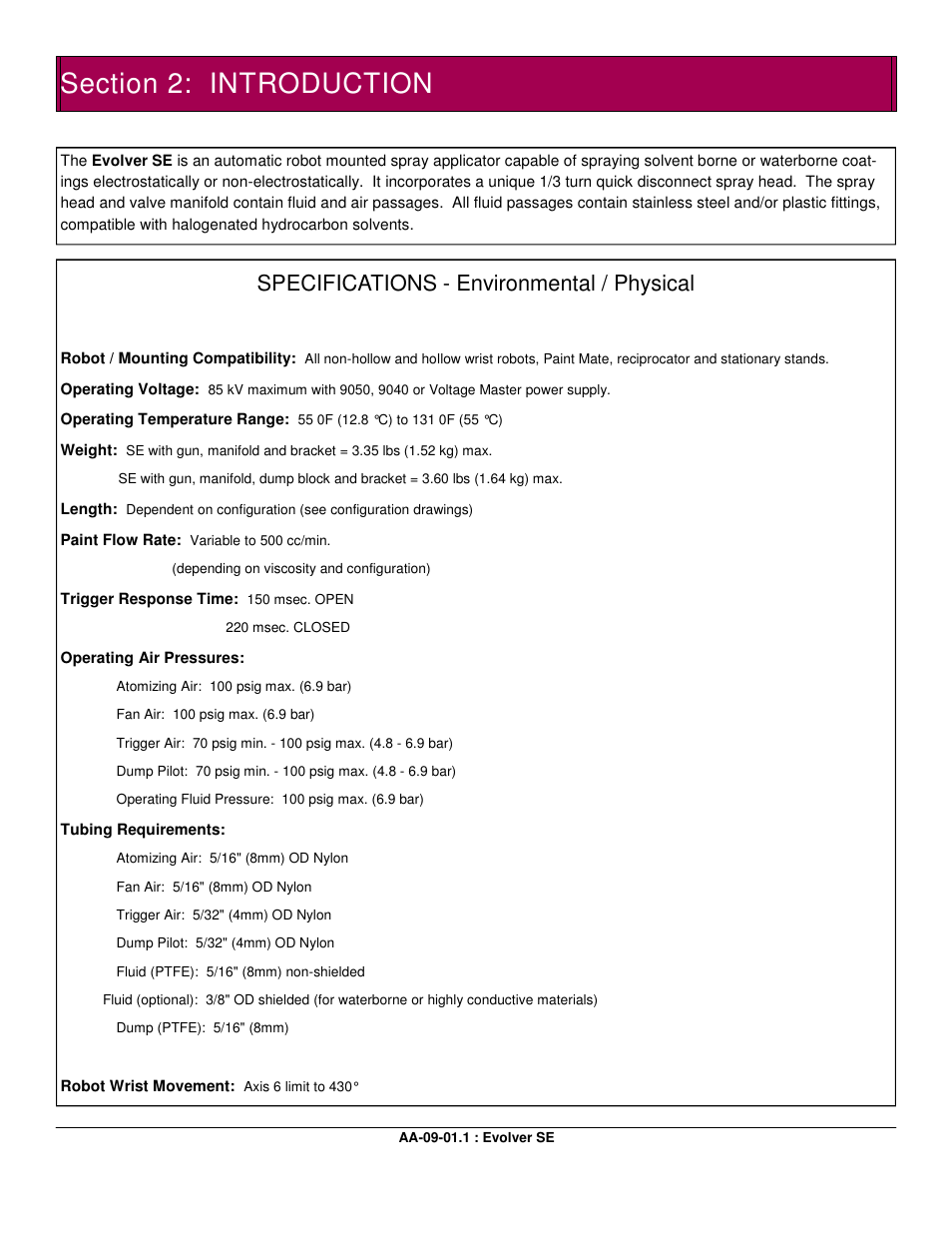 Specifications - environmental / physical | Ransburg Evolver SE Robotic Atomizer A12455-XXXXXXXX User Manual | Page 10 / 79