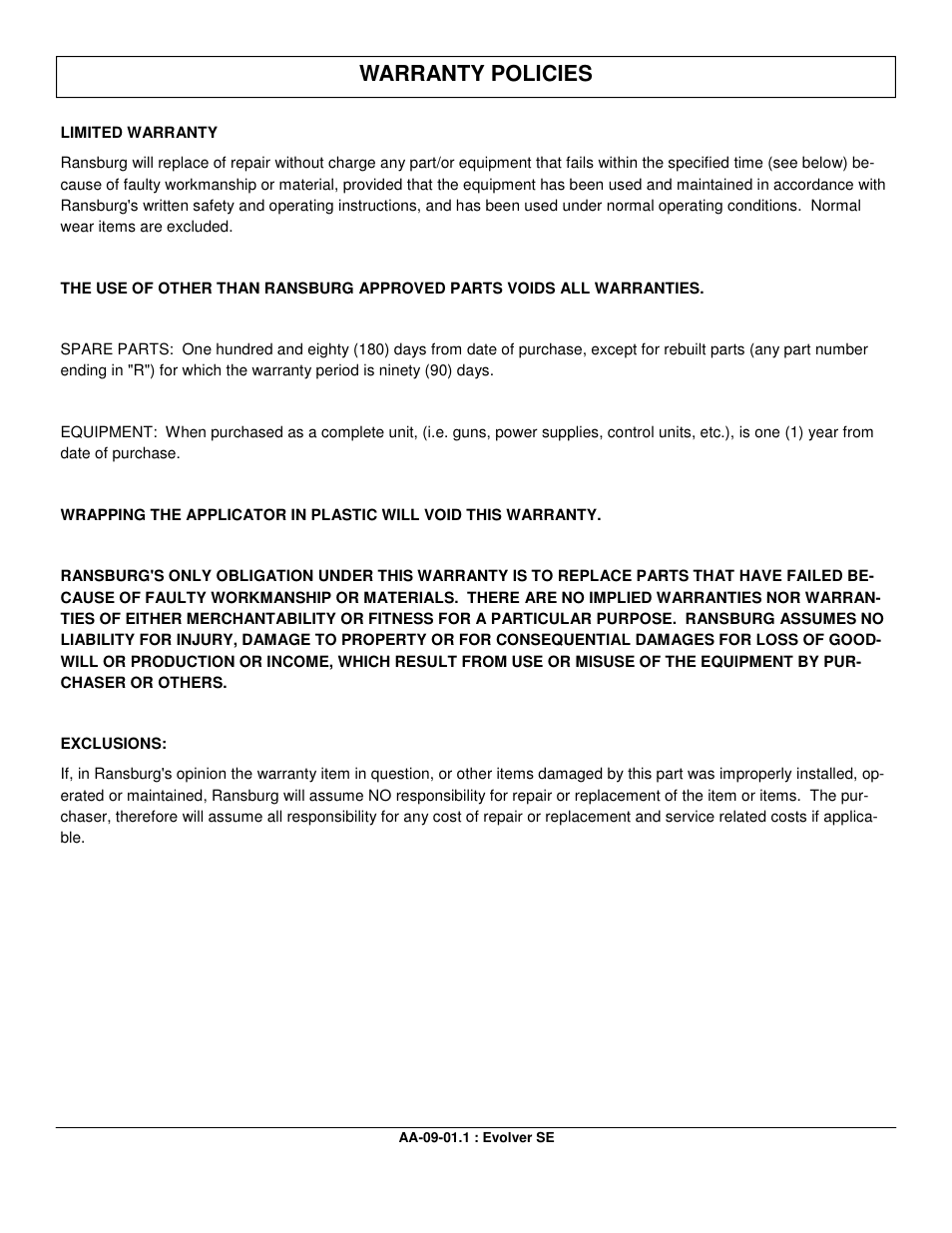 Warranty policies | Ransburg Evolver SE Robotic Atomizer A12455-XXXXXXXX User Manual | Page 77 / 79