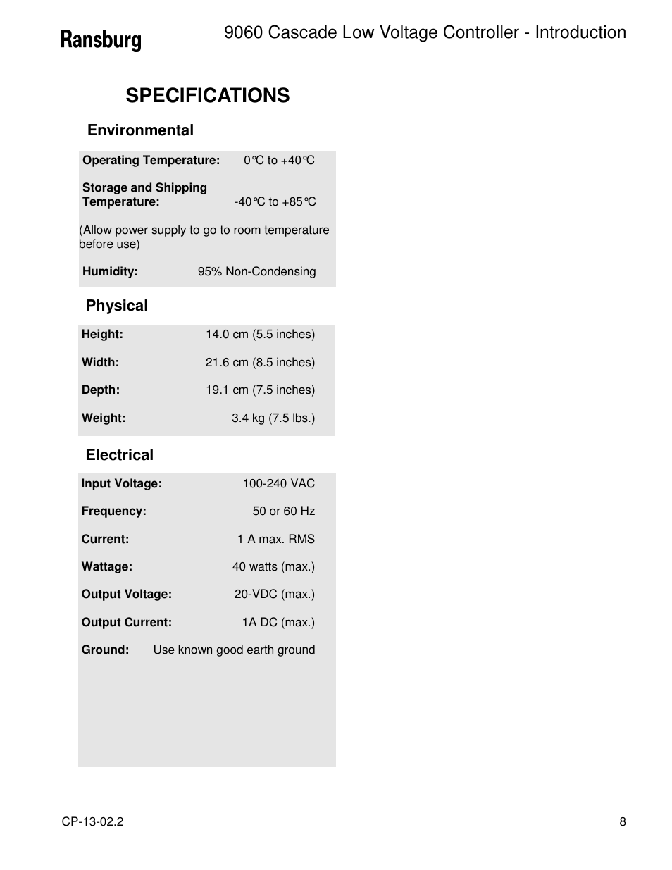 Specifications, 9060 cascade low voltage controller - introduction | Ransburg 9060 LV Auto Cascade 80120-XXX User Manual | Page 13 / 56
