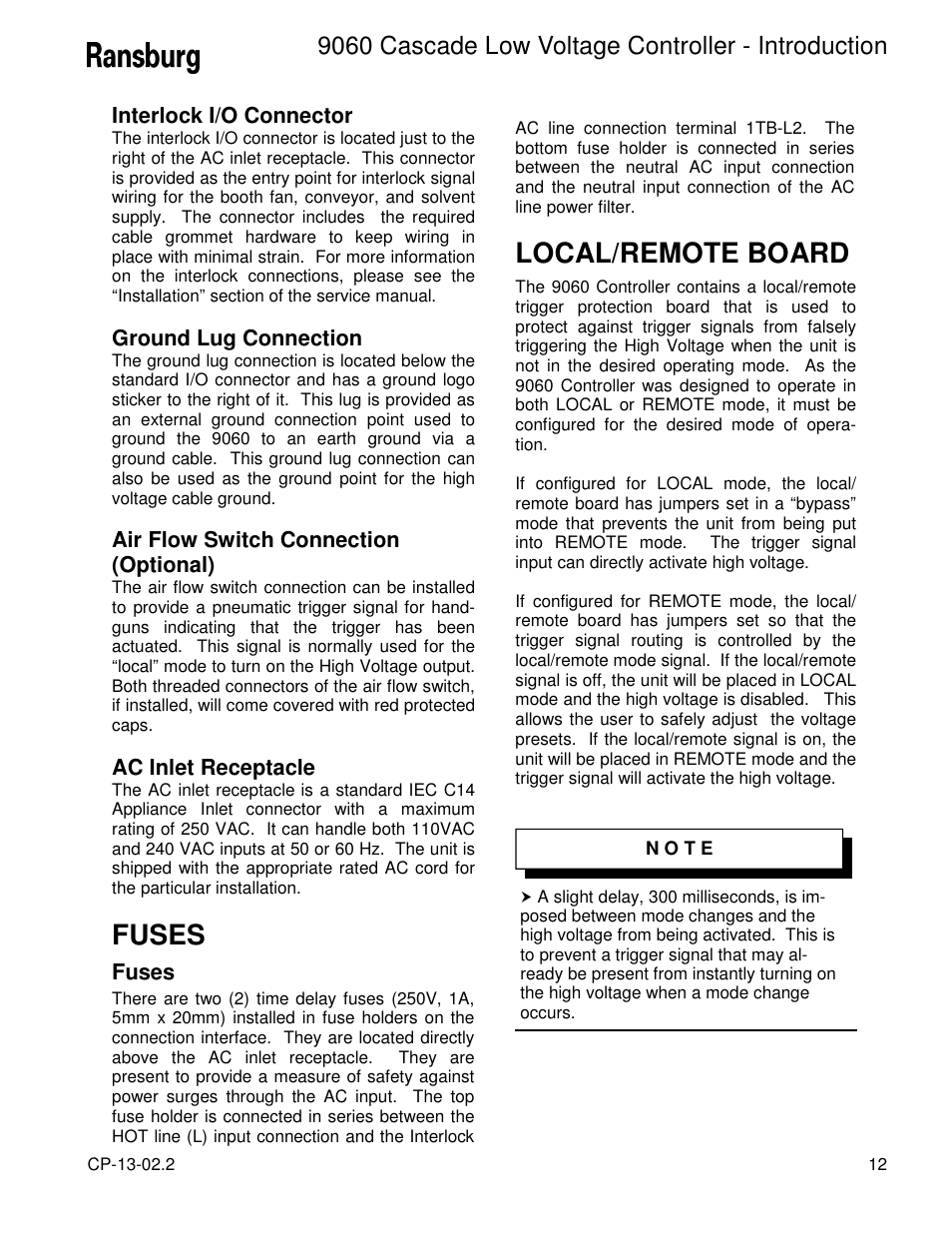 Fuses, Local/remote board, 9060 cascade low voltage controller - introduction | Ransburg 9060 LV Auto Cascade 80120-XXX User Manual | Page 17 / 56