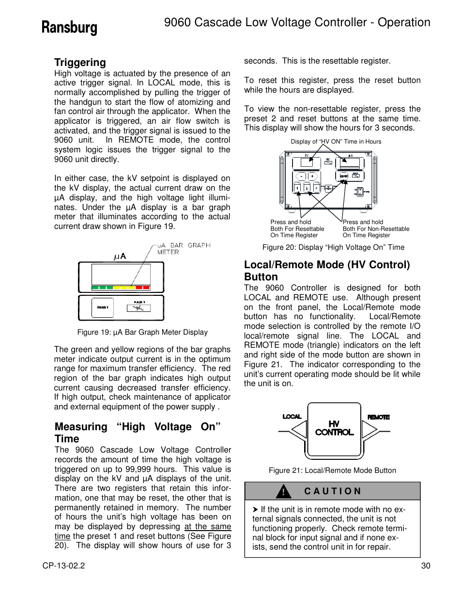 9060 cascade low voltage controller - operation, Measuring “high voltage on” time, Local/remote mode (hv control) button | Triggering | Ransburg 9060 LV Auto Cascade 80120-XXX User Manual | Page 35 / 56