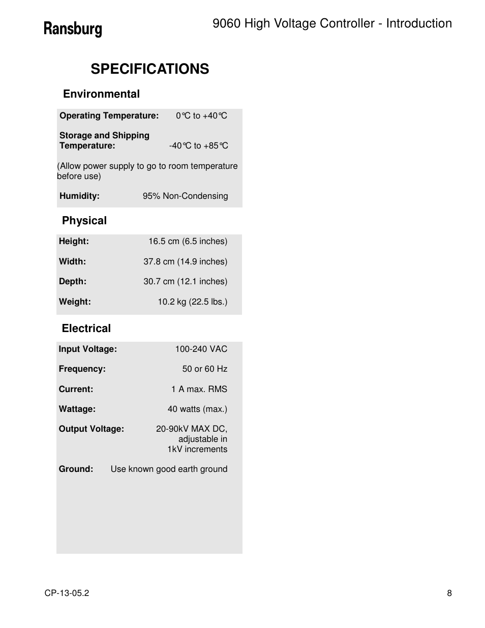 Specifications, 9060 high voltage controller - introduction | Ransburg 9060 HV Auto Classic 80100-XXX User Manual | Page 13 / 56