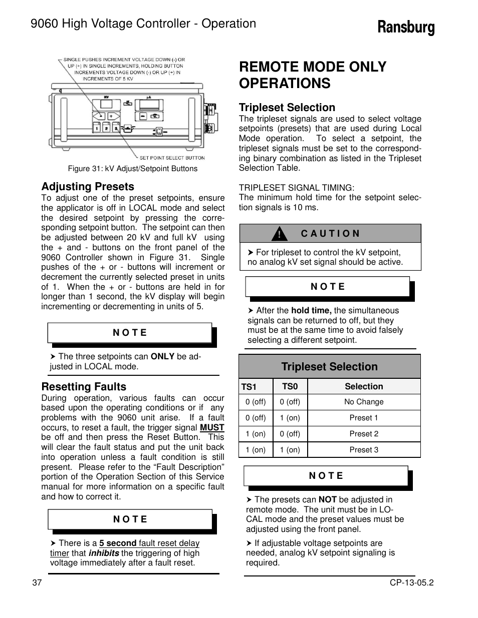 Remote mode only operations, 9060 high voltage controller - operation, Adjusting presets | Tripleset selection, Resetting faults | Ransburg 9060 HV Auto Classic 80100-XXX User Manual | Page 42 / 56