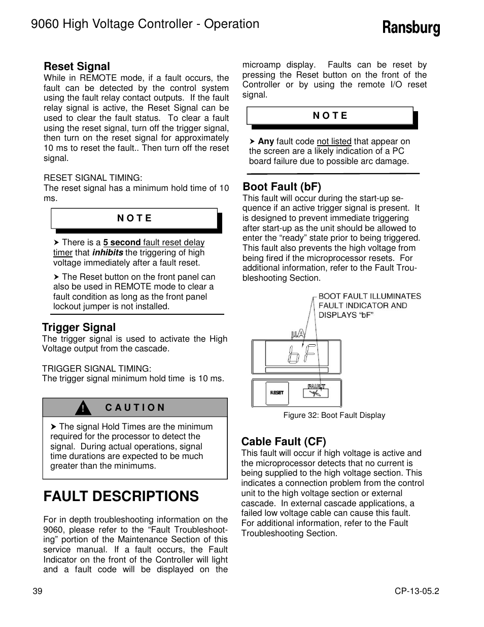 Fault descriptions, 9060 high voltage controller - operation | Ransburg 9060 HV Auto Classic 80100-XXX User Manual | Page 44 / 56