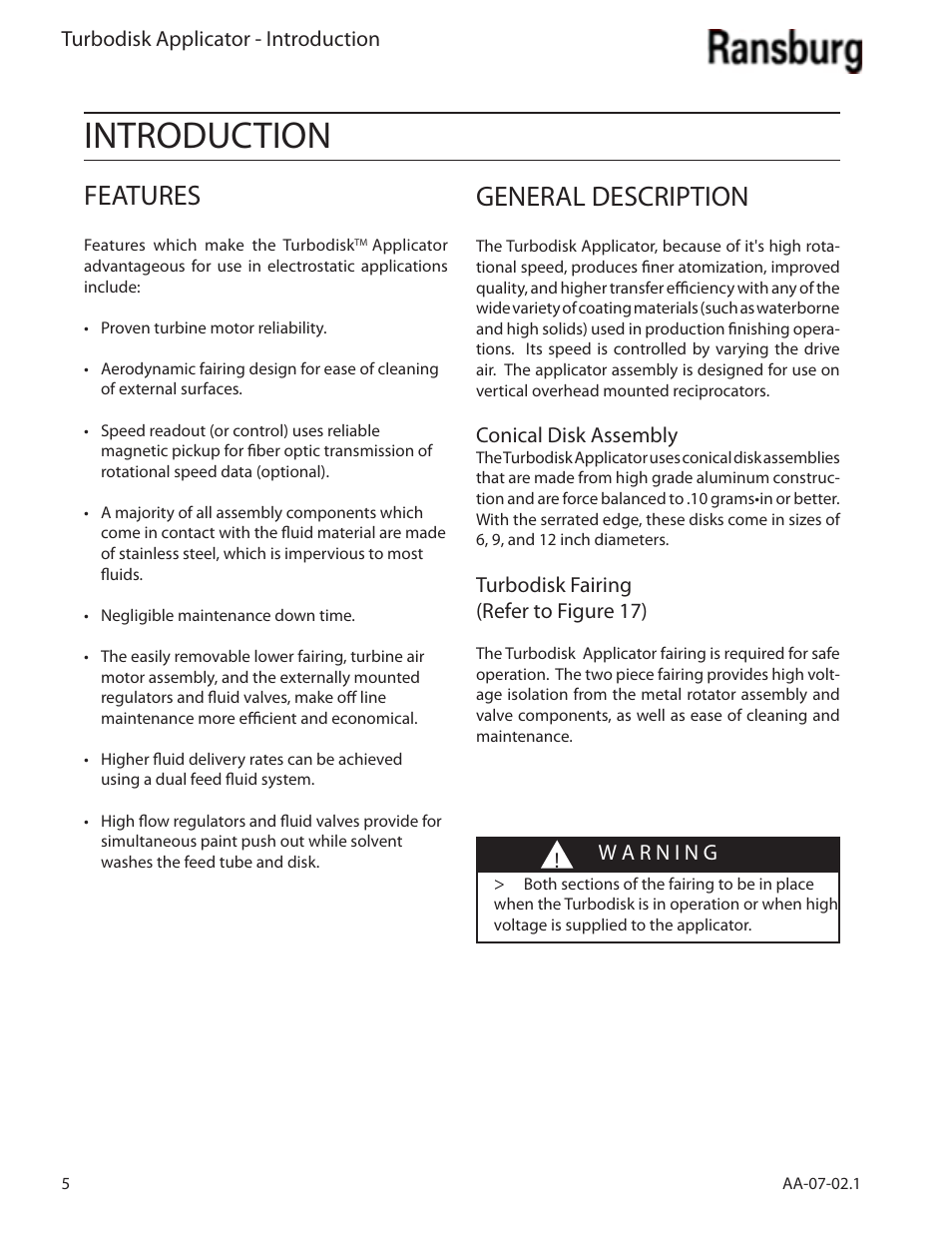 Introduction, Features, General description | Ransburg Turbodisk Applicator Assembly A11376 User Manual | Page 10 / 78