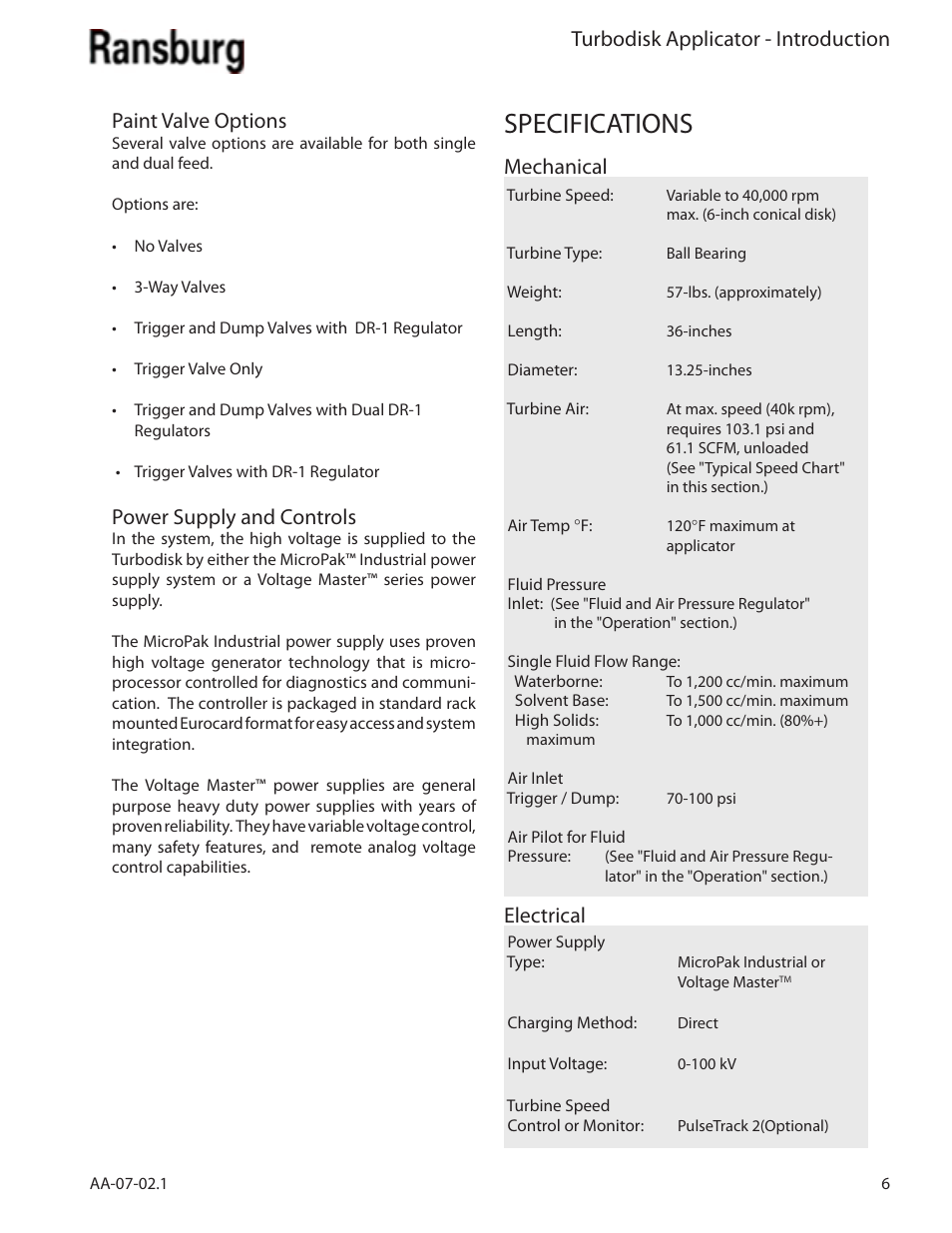 Specifications, Turbodisk applicator - introduction, Paint valve options | Power supply and controls, Mechanical, Electrical | Ransburg Turbodisk Applicator Assembly A11376 User Manual | Page 11 / 78