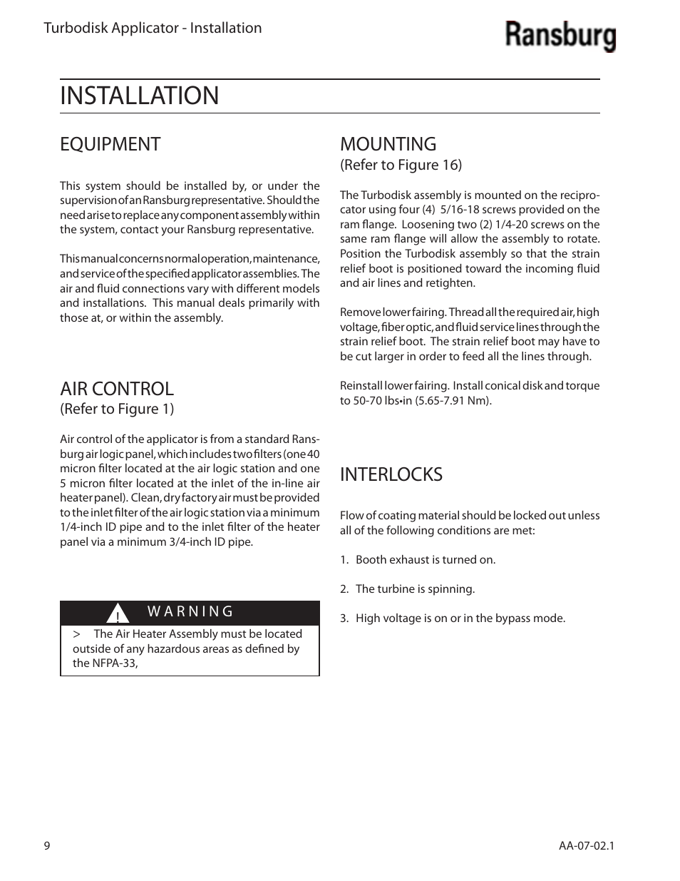 Installation, Equipment, Air control | Mounting, Interlocks | Ransburg Turbodisk Applicator Assembly A11376 User Manual | Page 14 / 78