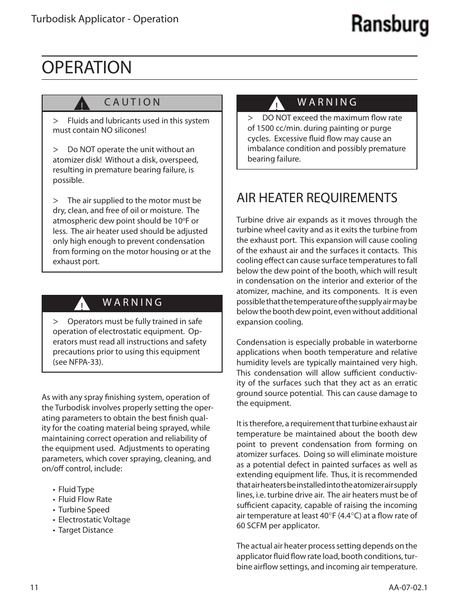 Operation, Air heater requirements | Ransburg Turbodisk Applicator Assembly A11376 User Manual | Page 16 / 78