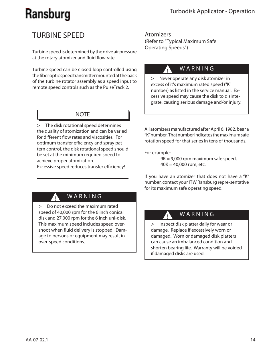 Turbine speed | Ransburg Turbodisk Applicator Assembly A11376 User Manual | Page 19 / 78