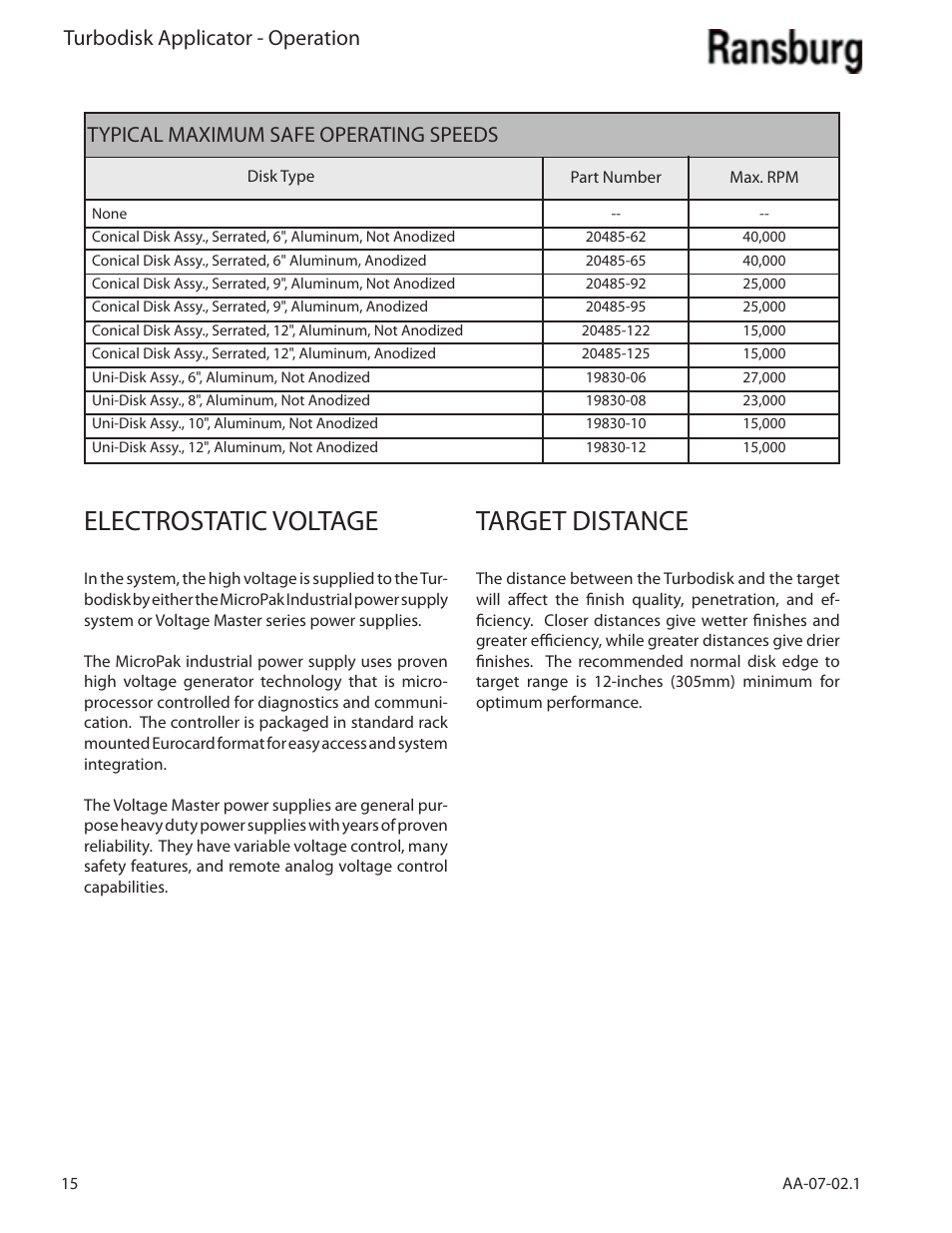 Electrostatic voltage, Target distance, Turbodisk applicator - operation | Typical maximum safe operating speeds | Ransburg Turbodisk Applicator Assembly A11376 User Manual | Page 20 / 78