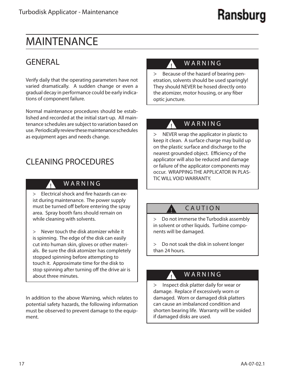 Maintenance, General, Cleaning procedures | Ransburg Turbodisk Applicator Assembly A11376 User Manual | Page 22 / 78