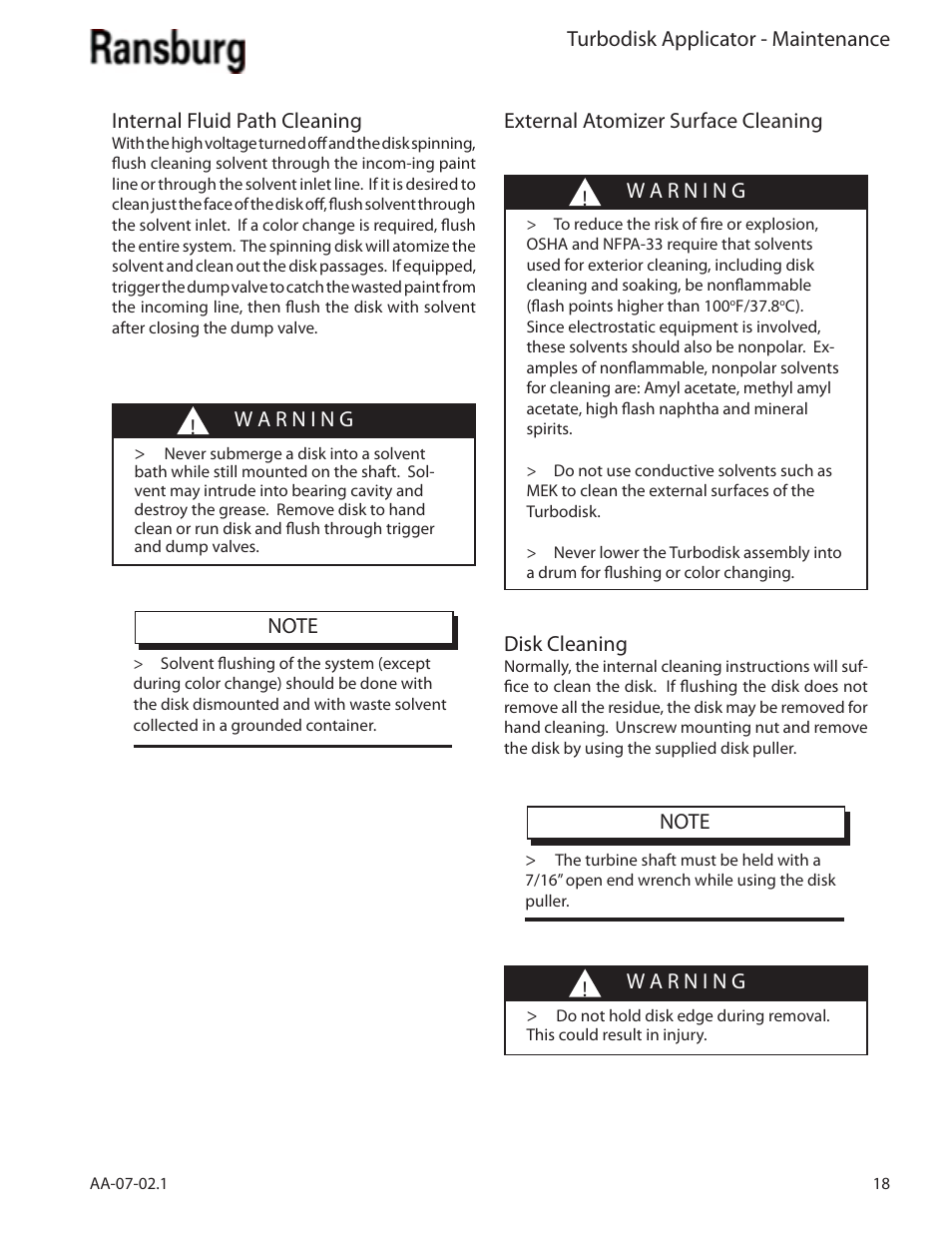 Turbodisk applicator - maintenance, Disk cleaning | Ransburg Turbodisk Applicator Assembly A11376 User Manual | Page 23 / 78