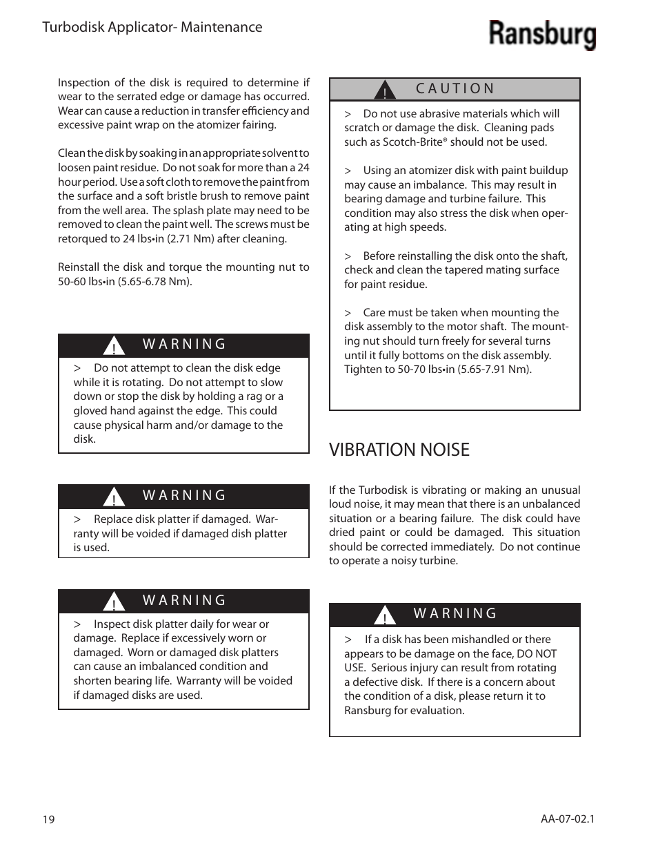 Vibration noise | Ransburg Turbodisk Applicator Assembly A11376 User Manual | Page 24 / 78