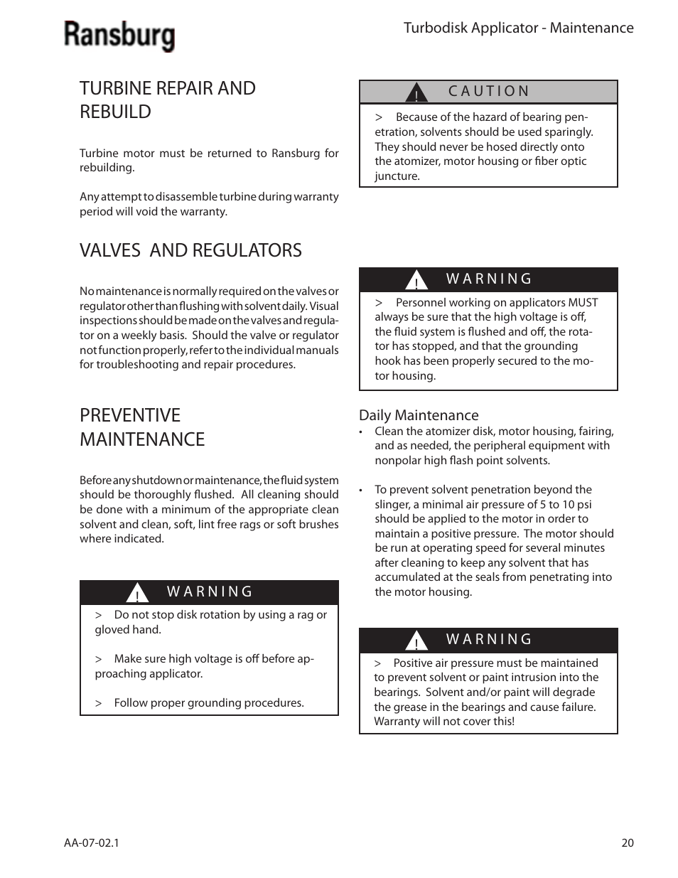 Turbine repair and rebuild, Preventive maintenance, Valves and regulators | Ransburg Turbodisk Applicator Assembly A11376 User Manual | Page 25 / 78