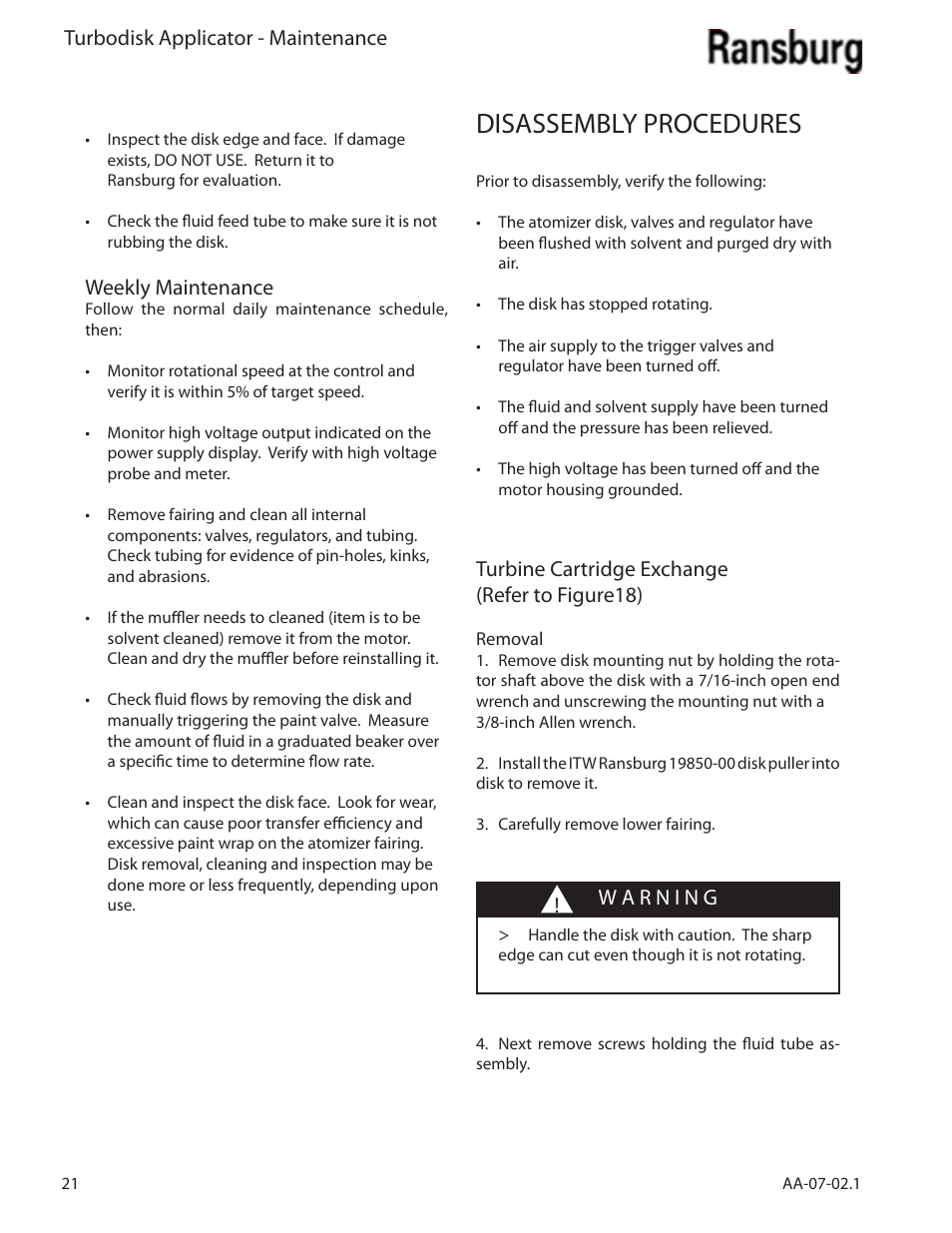 Disassembly procedures | Ransburg Turbodisk Applicator Assembly A11376 User Manual | Page 26 / 78