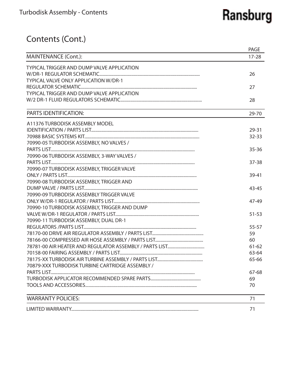 Contents (cont.), Turbodisk assembly - contents | Ransburg Turbodisk Applicator Assembly A11376 User Manual | Page 4 / 78