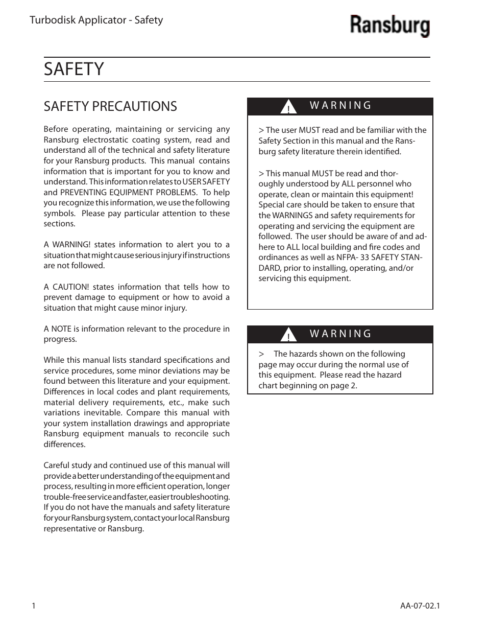 Safety, Safety precautions | Ransburg Turbodisk Applicator Assembly A11376 User Manual | Page 6 / 78