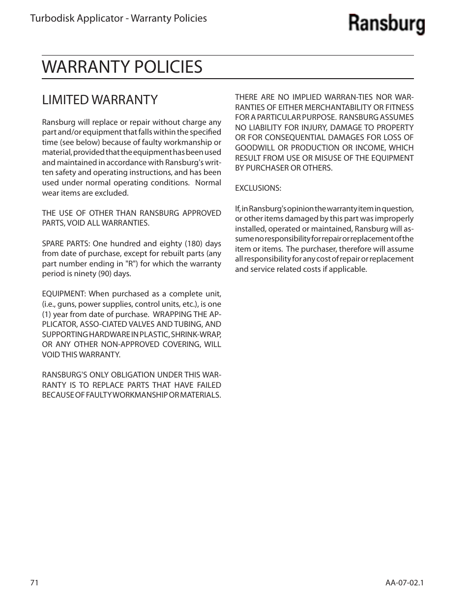 Warranty policies, Limited warranty | Ransburg Turbodisk Applicator Assembly A11376 User Manual | Page 76 / 78