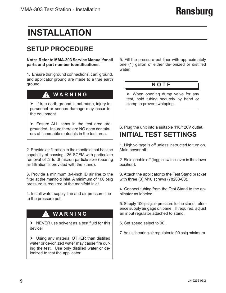 Ransburg, Installation, Setup procedure | Initial test settings | Ransburg MMA-303 Direct_Ind Test Stand User Manual | Page 12 / 26