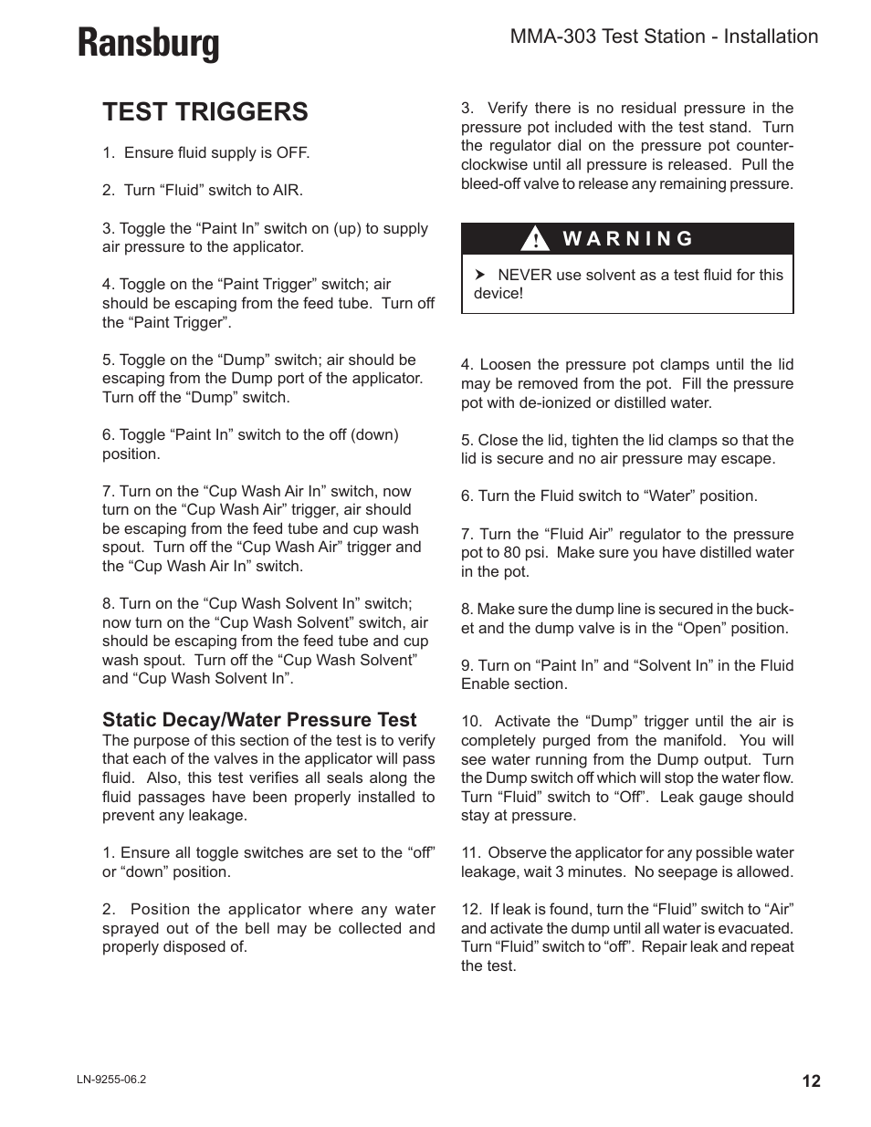 Ransburg, Test triggers | Ransburg MMA-303 Direct_Ind Test Stand User Manual | Page 15 / 26