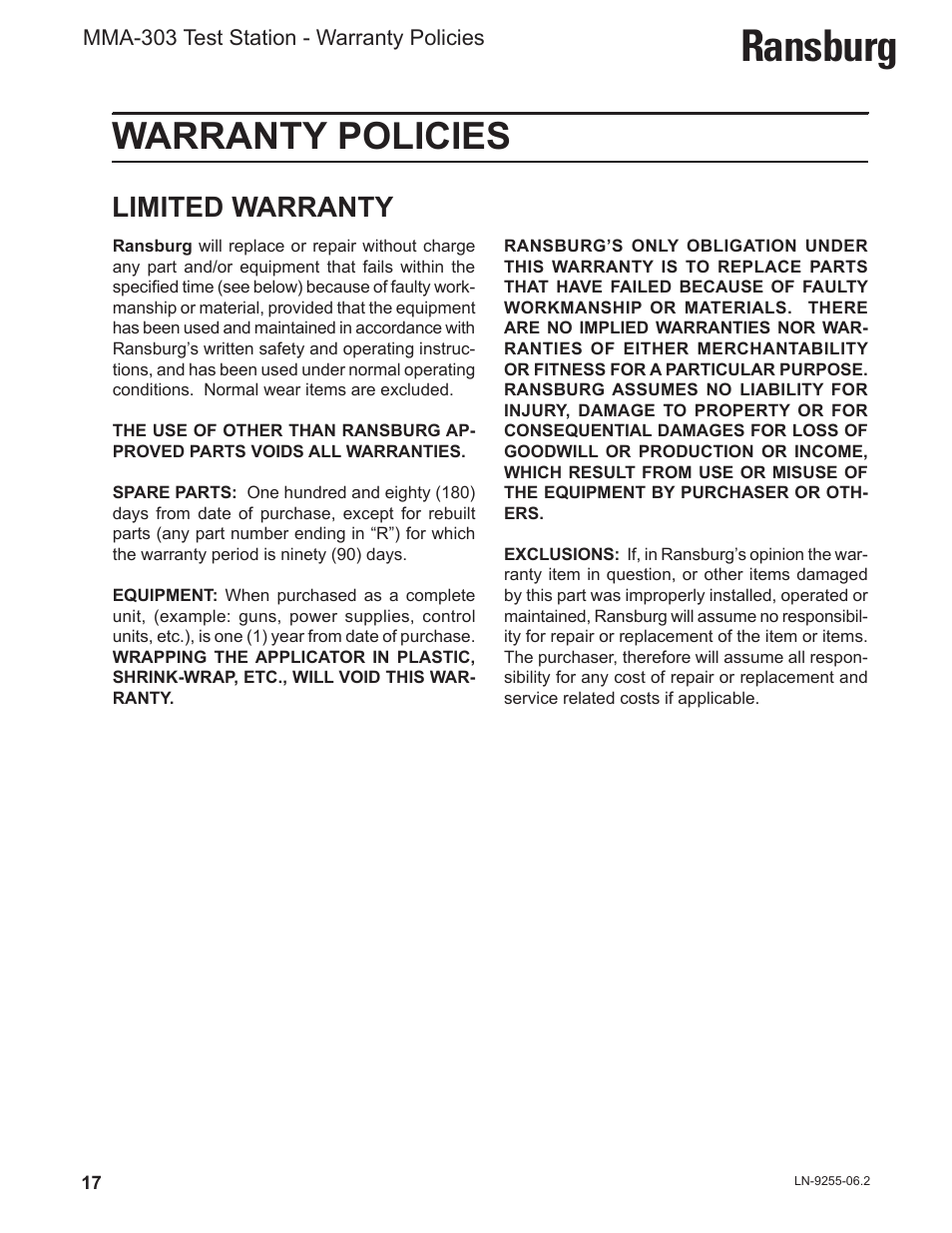 Ransburg, Warranty policies, Limited warranty | Ransburg MMA-303 Direct_Ind Test Stand User Manual | Page 20 / 26