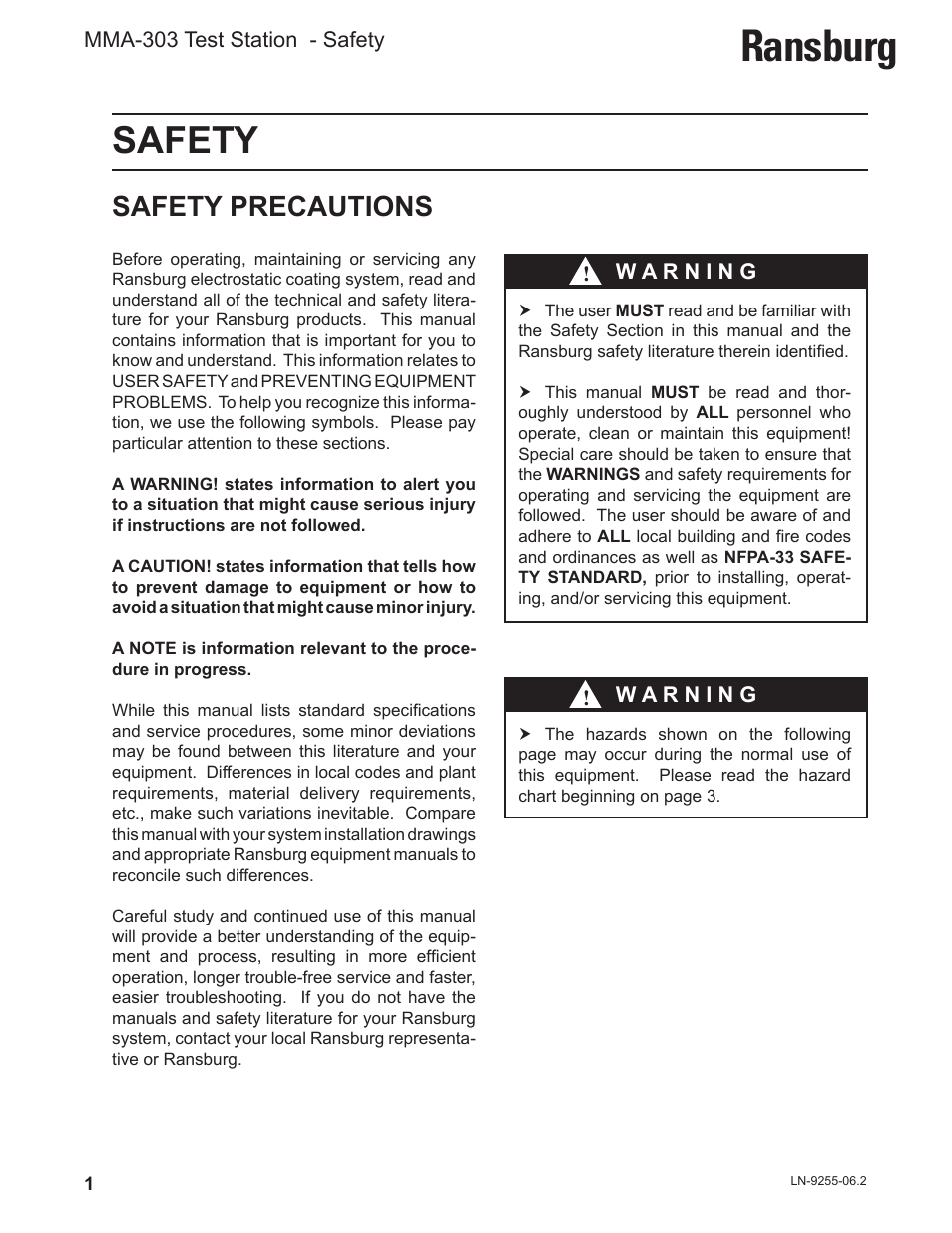 Ransburg, Safety, Safety precautions | Ransburg MMA-303 Direct_Ind Test Stand User Manual | Page 4 / 26
