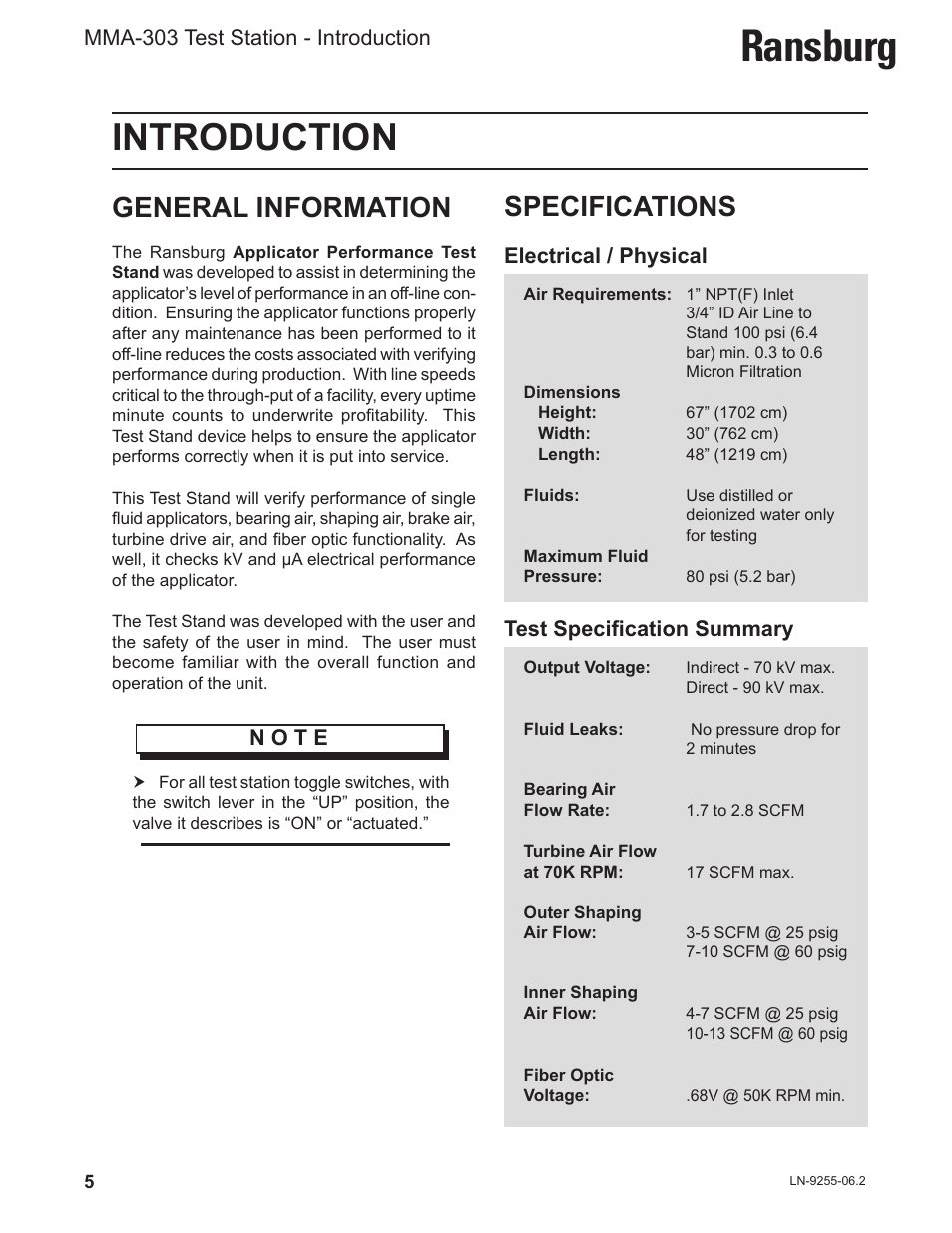 Ransburg, Introduction, Specifications | General information, Electrical / physical, Test specification summary, N o t e, Mma-303 test station - introduction | Ransburg MMA-303 Direct_Ind Test Stand User Manual | Page 8 / 26