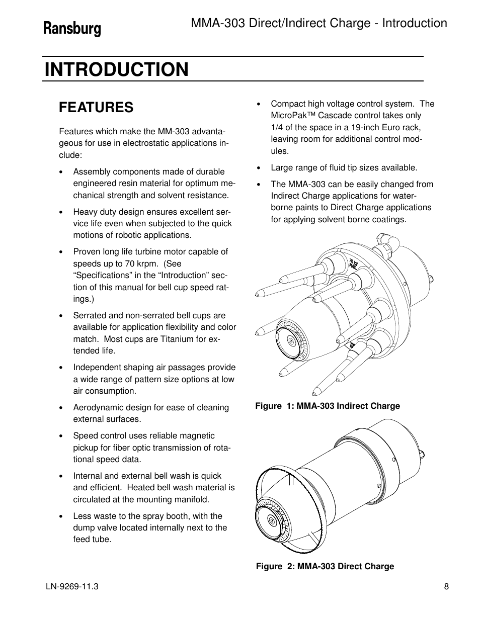 Introduction, Features, Mma-303 direct/indirect charge - introduction | Ransburg MMA-303 Direct_Ind Charge Atomizer A12870 User Manual | Page 11 / 132