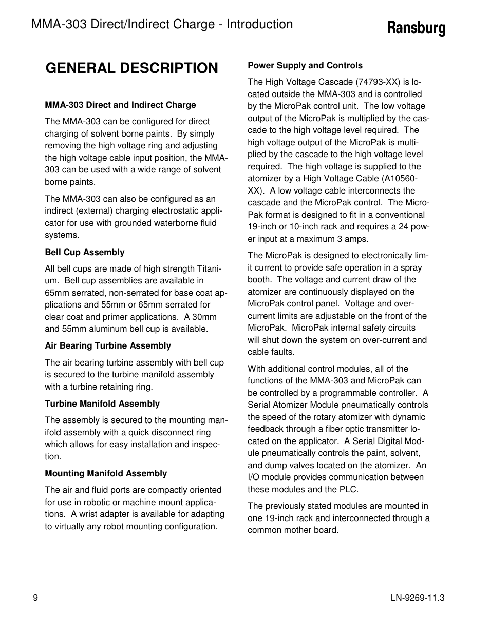 General description, Mma-303 direct/indirect charge - introduction | Ransburg MMA-303 Direct_Ind Charge Atomizer A12870 User Manual | Page 12 / 132