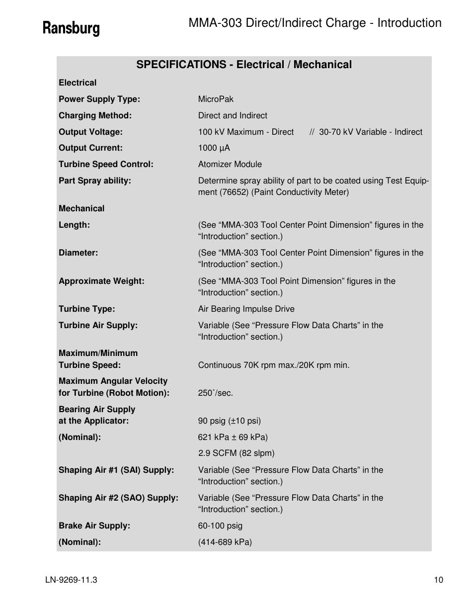 Mma-303 direct/indirect charge - introduction, Specifications - electrical / mechanical | Ransburg MMA-303 Direct_Ind Charge Atomizer A12870 User Manual | Page 13 / 132