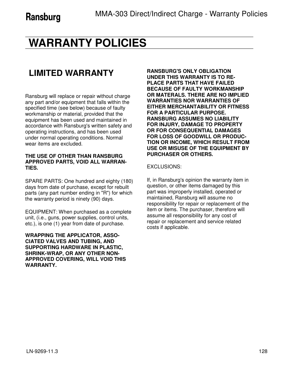 Warranty policies, Limited warranty, Mma-303 direct/indirect charge - warranty policies | Ransburg MMA-303 Direct_Ind Charge Atomizer A12870 User Manual | Page 131 / 132