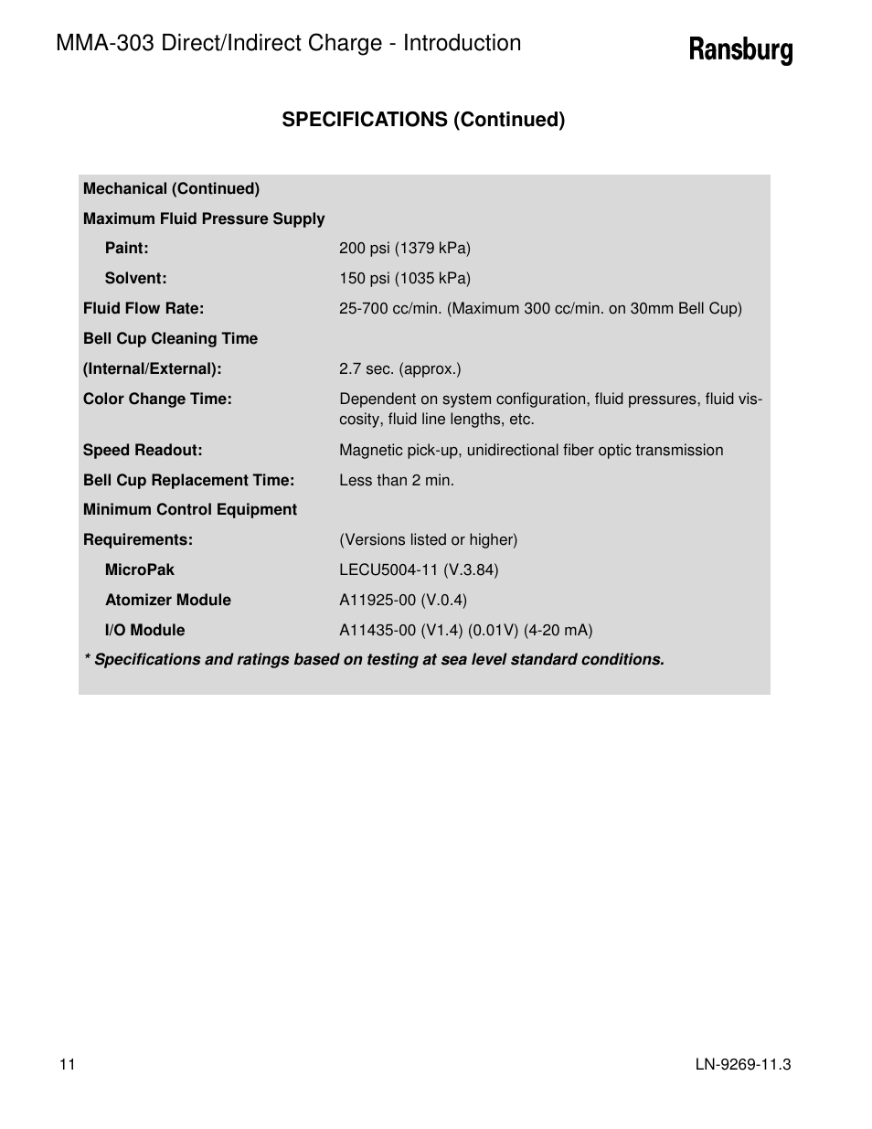 Mma-303 direct/indirect charge - introduction, Specifications (continued) | Ransburg MMA-303 Direct_Ind Charge Atomizer A12870 User Manual | Page 14 / 132