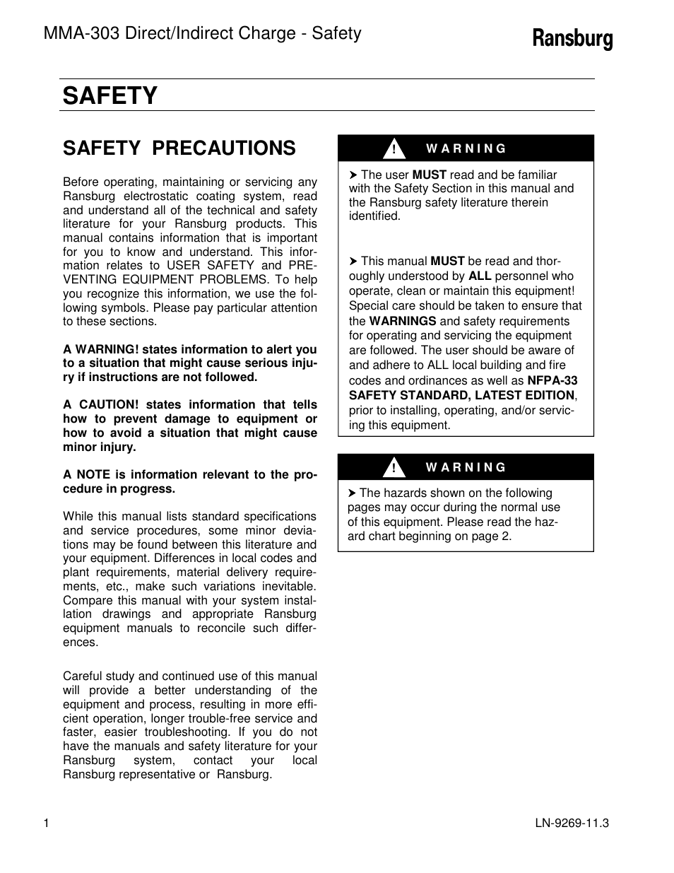 Safety, Safety precautions, Mma-303 direct/indirect charge - safety | Ransburg MMA-303 Direct_Ind Charge Atomizer A12870 User Manual | Page 4 / 132
