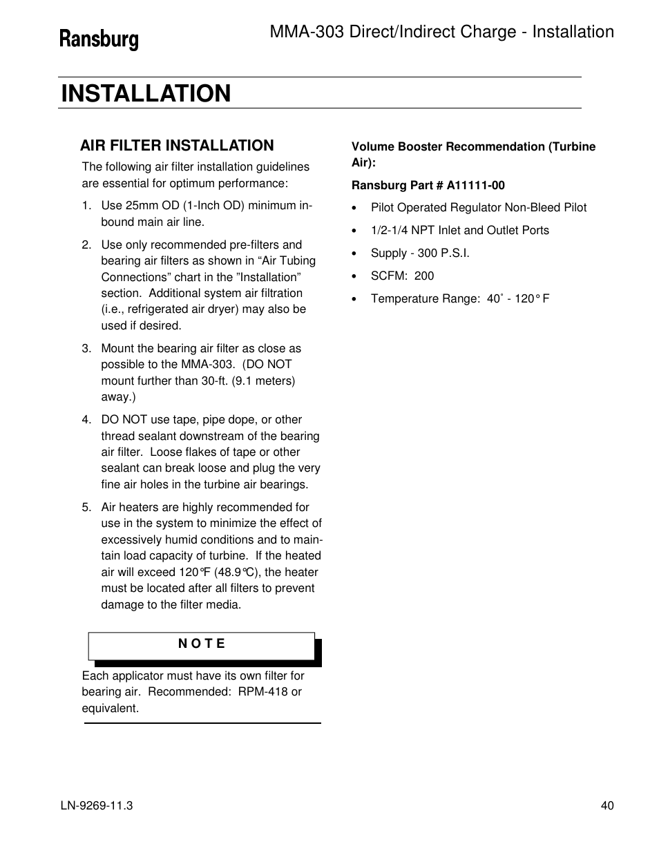 Installation, Mma-303 direct/indirect charge - installation, Air filter installation | Ransburg MMA-303 Direct_Ind Charge Atomizer A12870 User Manual | Page 43 / 132