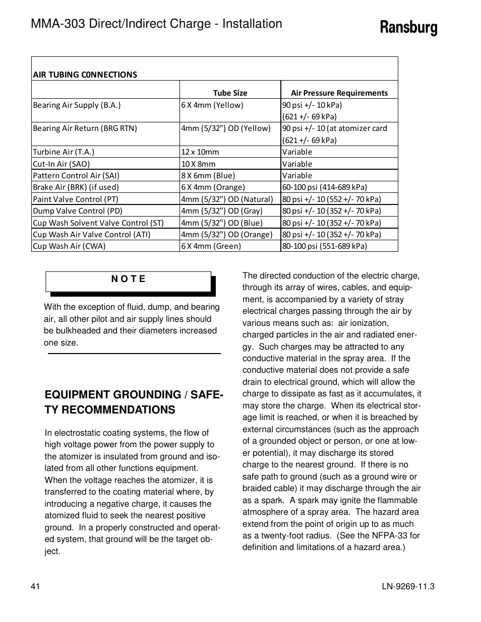 Mma-303 direct/indirect charge - installation, Equipment grounding / safe- ty recommendations | Ransburg MMA-303 Direct_Ind Charge Atomizer A12870 User Manual | Page 44 / 132