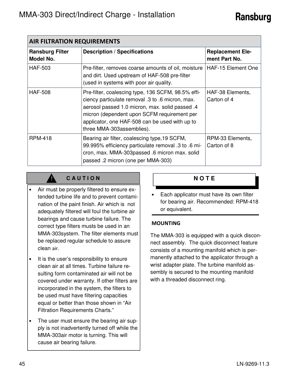 Mma-303 direct/indirect charge - installation, Air filtration requirements | Ransburg MMA-303 Direct_Ind Charge Atomizer A12870 User Manual | Page 48 / 132