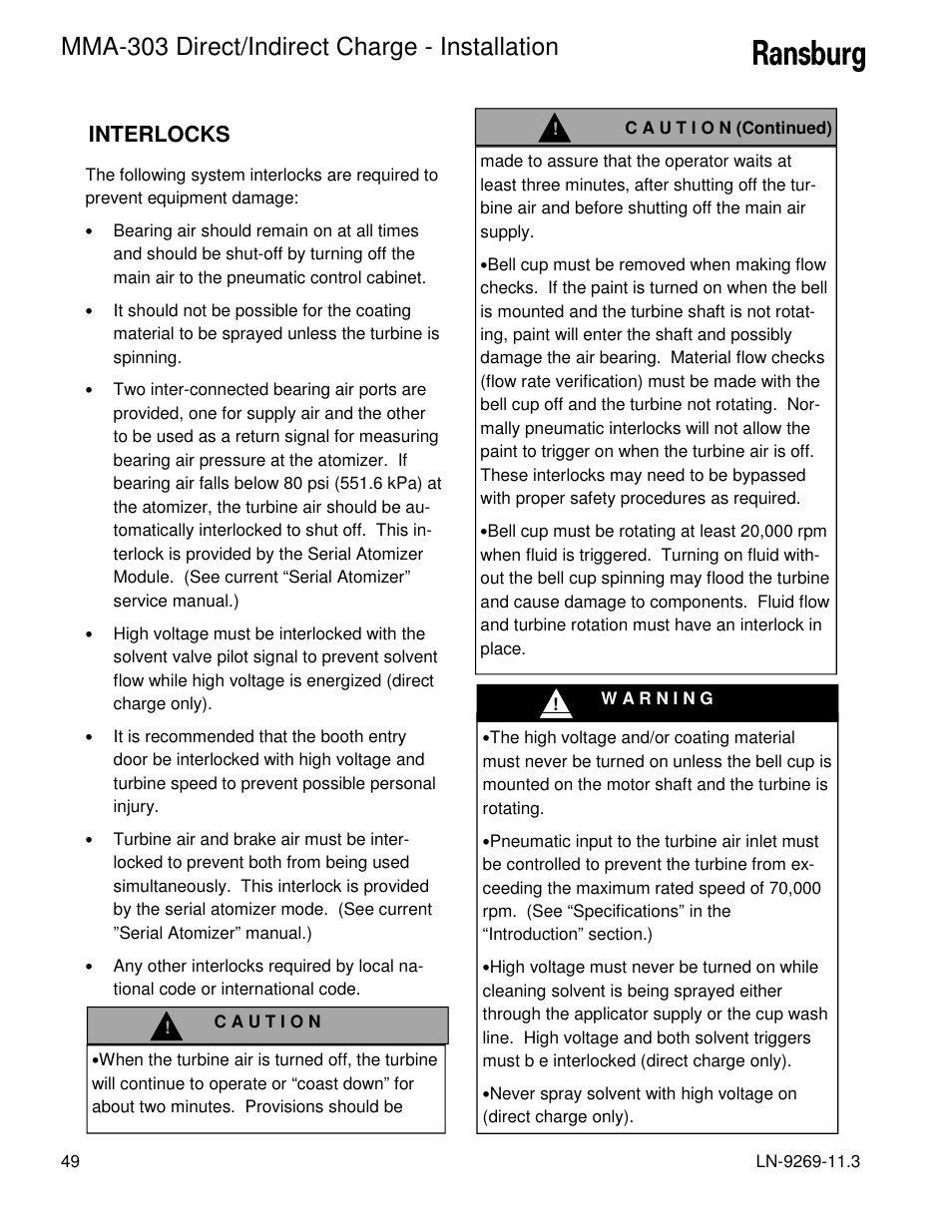 Mma-303 direct/indirect charge - installation, Interlocks | Ransburg MMA-303 Direct_Ind Charge Atomizer A12870 User Manual | Page 52 / 132