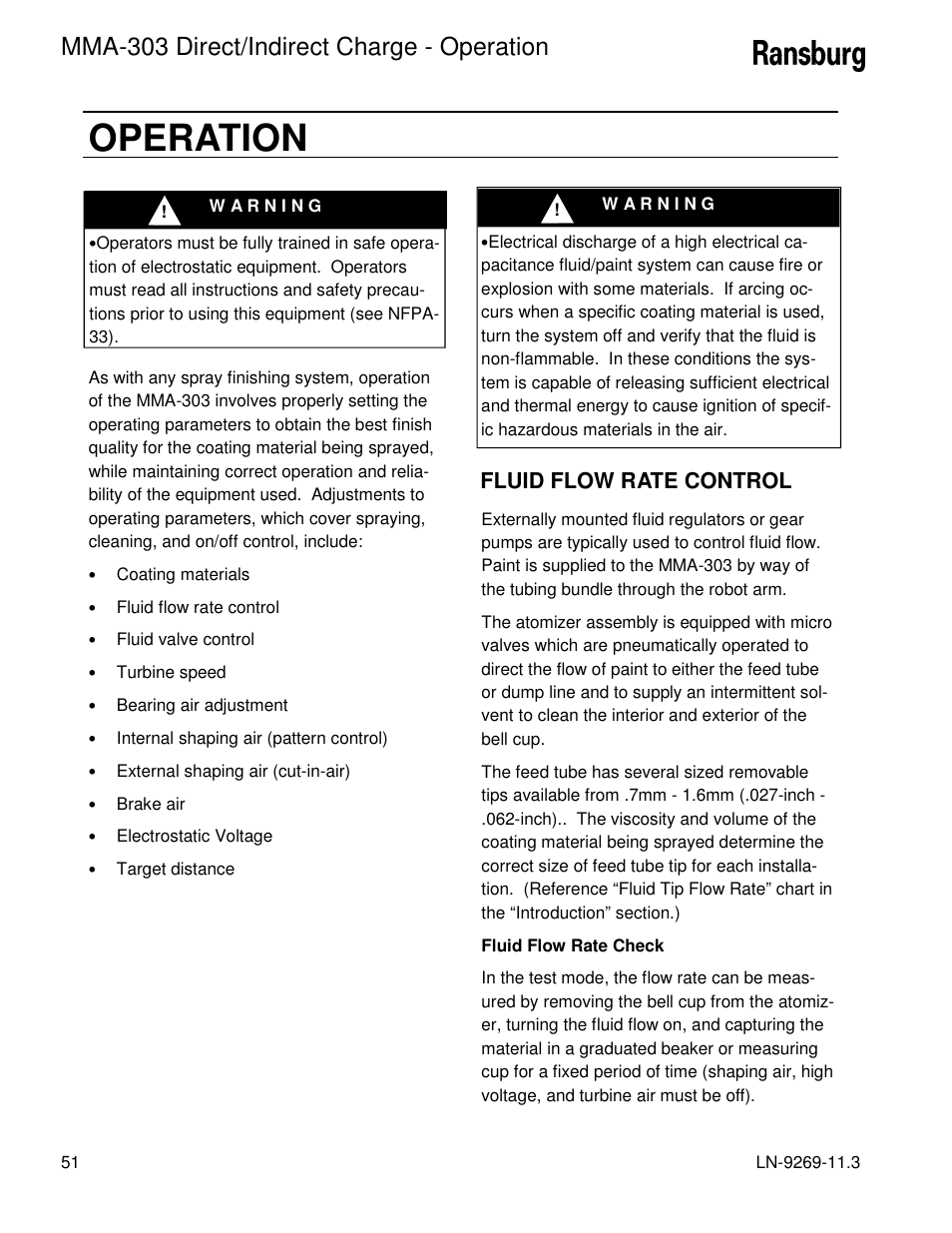 Operation, Mma-303 direct/indirect charge - operation, Fluid flow rate control | Ransburg MMA-303 Direct_Ind Charge Atomizer A12870 User Manual | Page 54 / 132