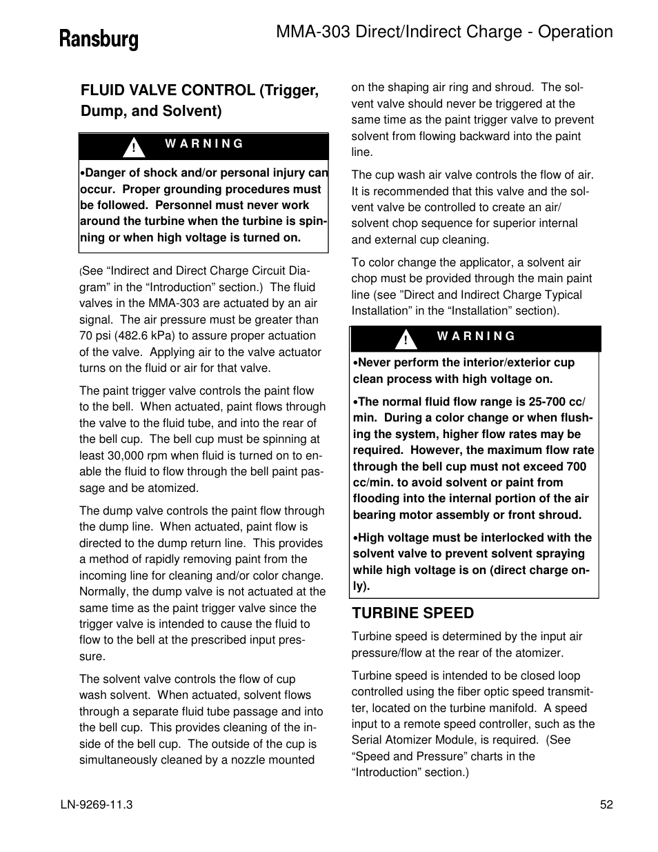 Mma-303 direct/indirect charge - operation, Fluid valve control (trigger, dump, and solvent), Turbine speed | Ransburg MMA-303 Direct_Ind Charge Atomizer A12870 User Manual | Page 55 / 132