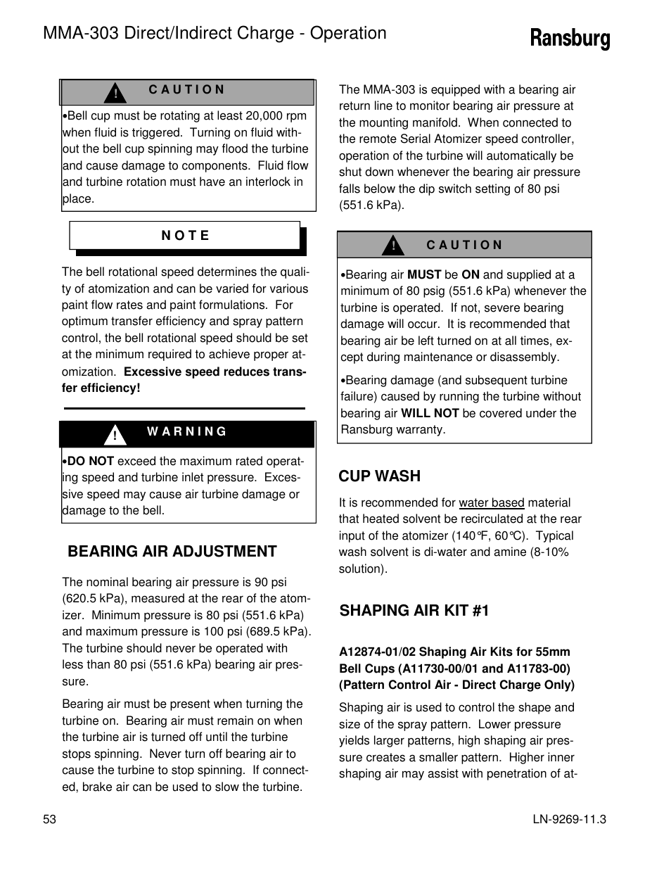 Mma-303 direct/indirect charge - operation, Bearing air adjustment, Cup wash | Shaping air kit #1 | Ransburg MMA-303 Direct_Ind Charge Atomizer A12870 User Manual | Page 56 / 132