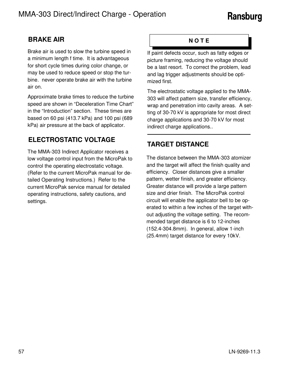 Mma-303 direct/indirect charge - operation | Ransburg MMA-303 Direct_Ind Charge Atomizer A12870 User Manual | Page 60 / 132