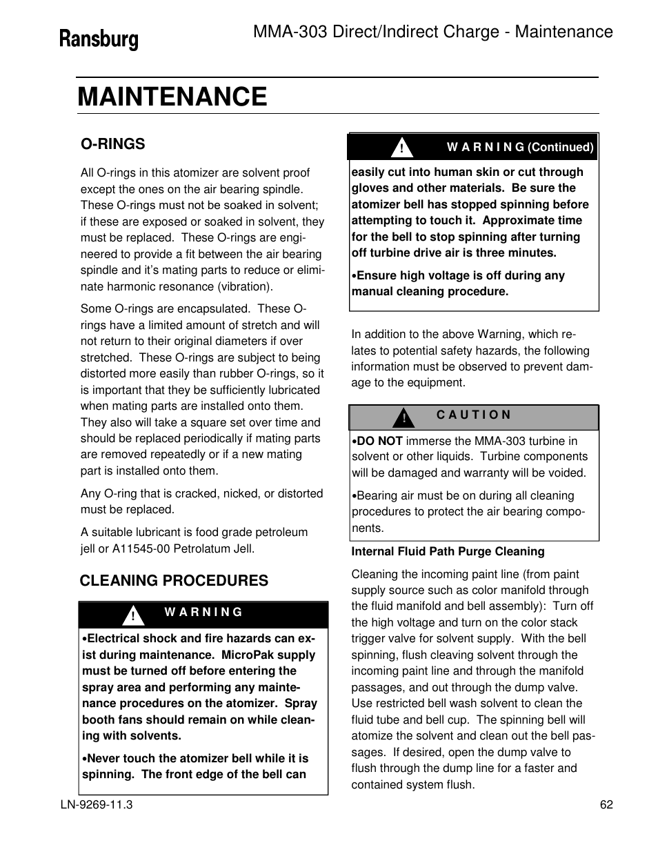 Maintenance, Mma-303 direct/indirect charge - maintenance, O-rings | Cleaning procedures | Ransburg MMA-303 Direct_Ind Charge Atomizer A12870 User Manual | Page 65 / 132