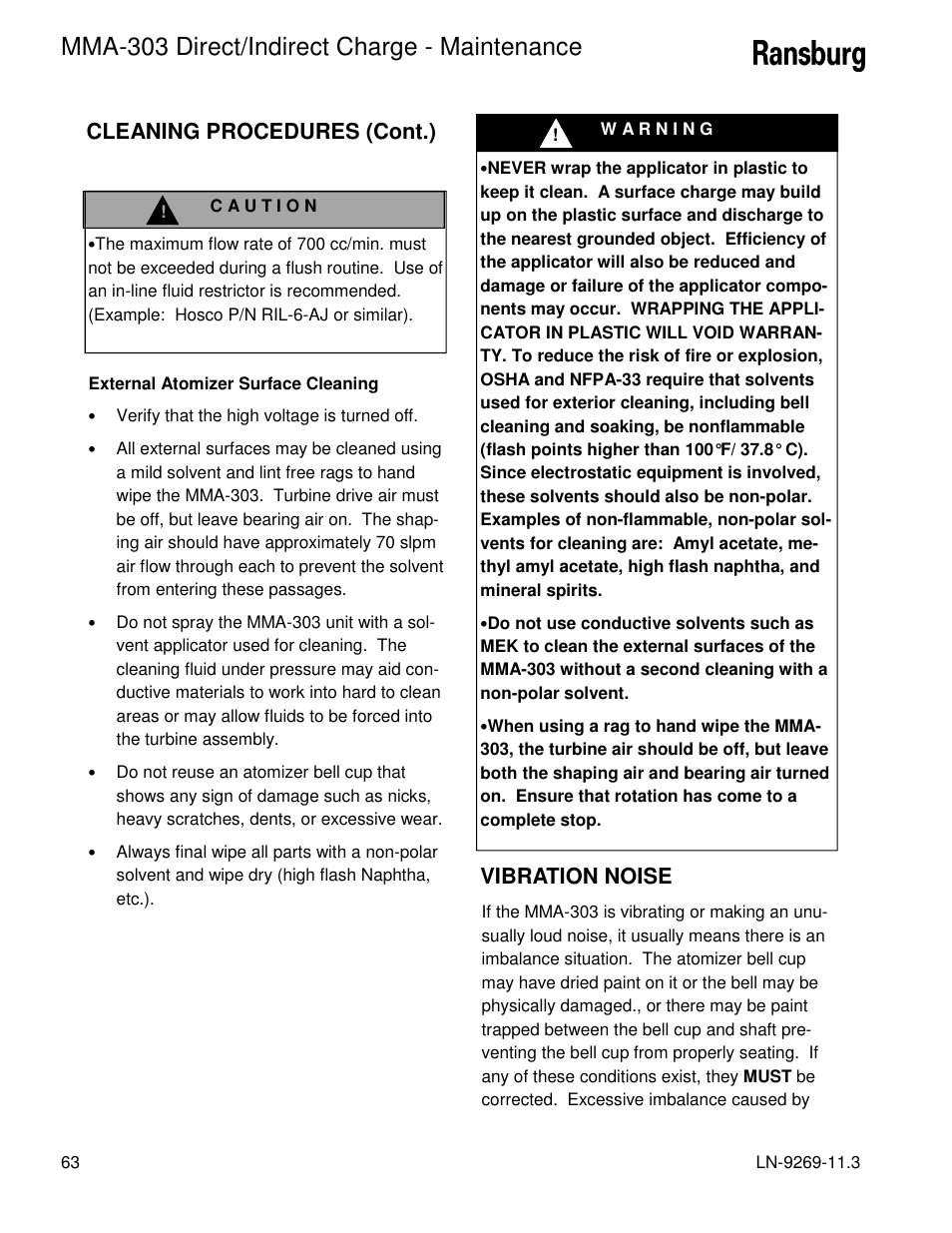 Mma-303 direct/indirect charge - maintenance, Cleaning procedures (cont.), Vibration noise | Ransburg MMA-303 Direct_Ind Charge Atomizer A12870 User Manual | Page 66 / 132