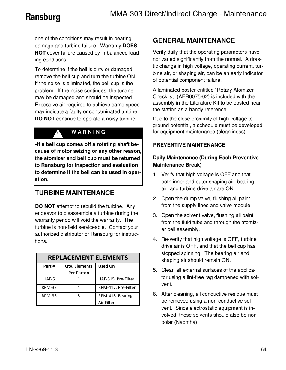 Mma-303 direct/indirect charge - maintenance, Replacement elements, Turbine maintenance | General maintenance | Ransburg MMA-303 Direct_Ind Charge Atomizer A12870 User Manual | Page 67 / 132