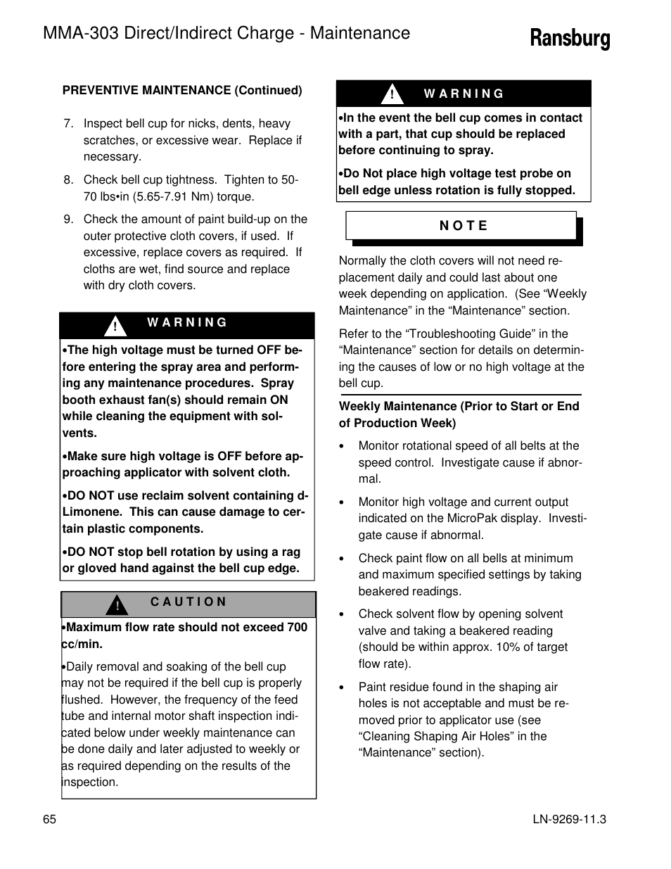 Mma-303 direct/indirect charge - maintenance | Ransburg MMA-303 Direct_Ind Charge Atomizer A12870 User Manual | Page 68 / 132