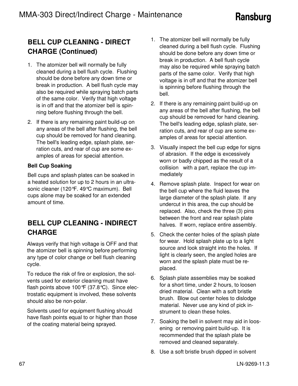 Mma-303 direct/indirect charge - maintenance | Ransburg MMA-303 Direct_Ind Charge Atomizer A12870 User Manual | Page 70 / 132