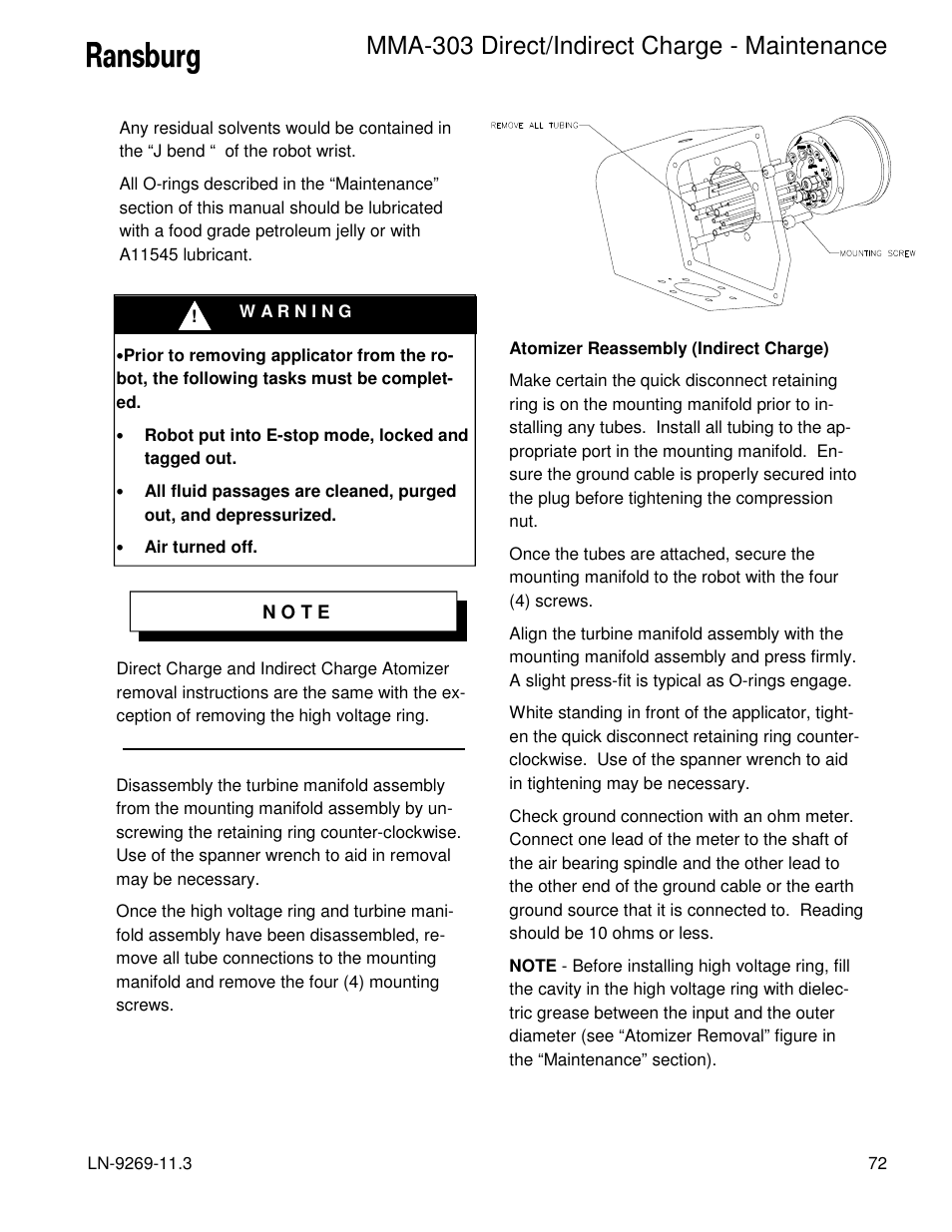 Mma-303 direct/indirect charge - maintenance | Ransburg MMA-303 Direct_Ind Charge Atomizer A12870 User Manual | Page 75 / 132