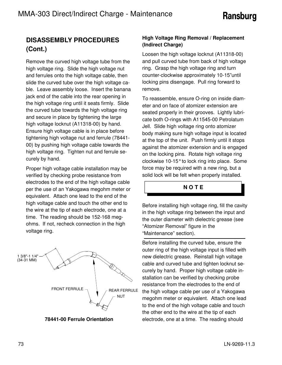 Mma-303 direct/indirect charge - maintenance, Disassembly procedures (cont.) | Ransburg MMA-303 Direct_Ind Charge Atomizer A12870 User Manual | Page 76 / 132