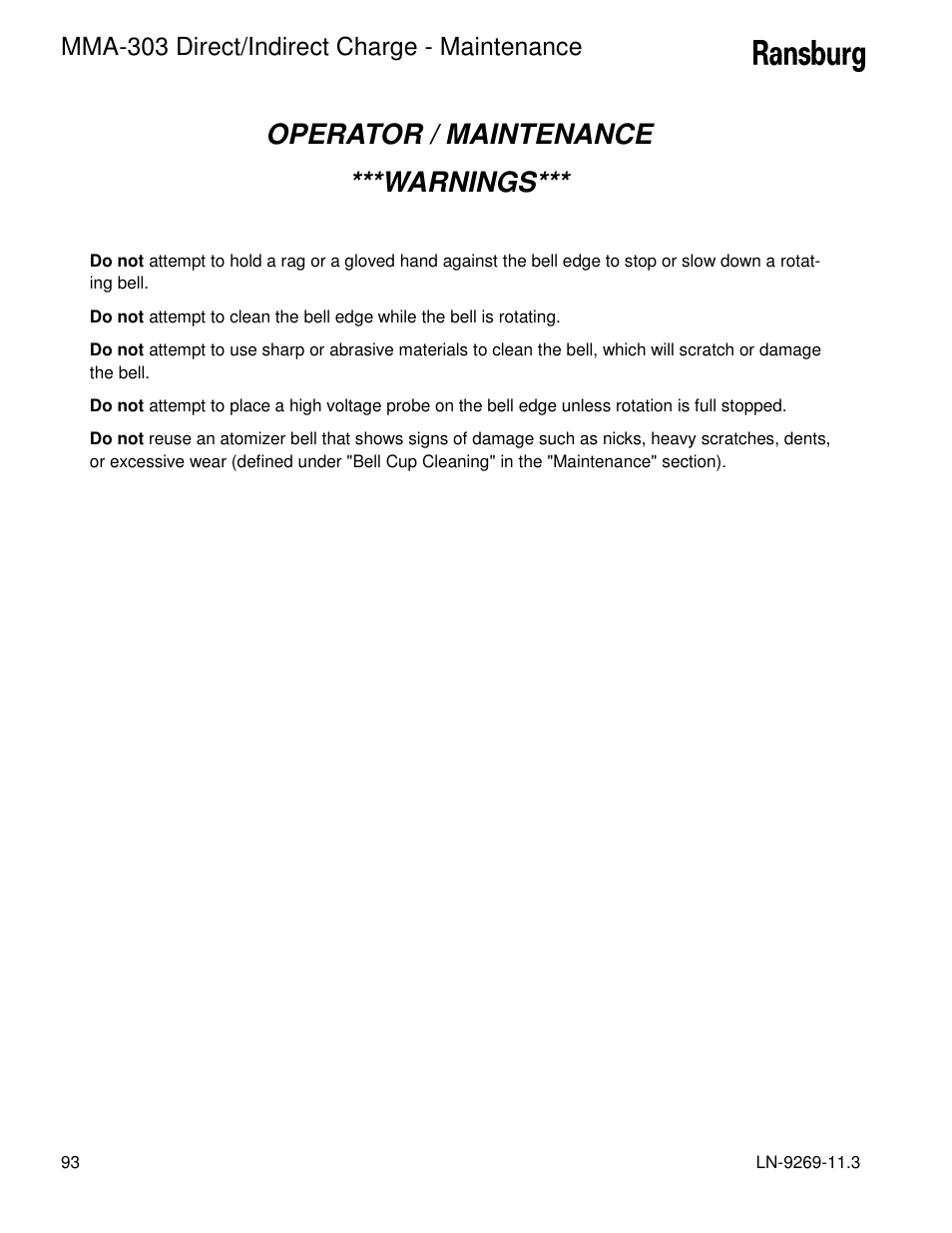 Operator / maintenance ***warnings, Mma-303 direct/indirect charge - maintenance | Ransburg MMA-303 Direct_Ind Charge Atomizer A12870 User Manual | Page 96 / 132