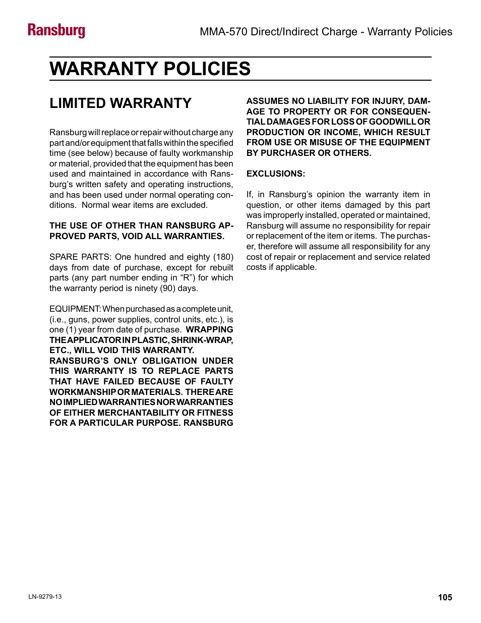 Warranty policies, Ransburg, Limited warranty | Ransburg MMA-570 Direct_Ind Charge Atomizer A13366 User Manual | Page 108 / 109